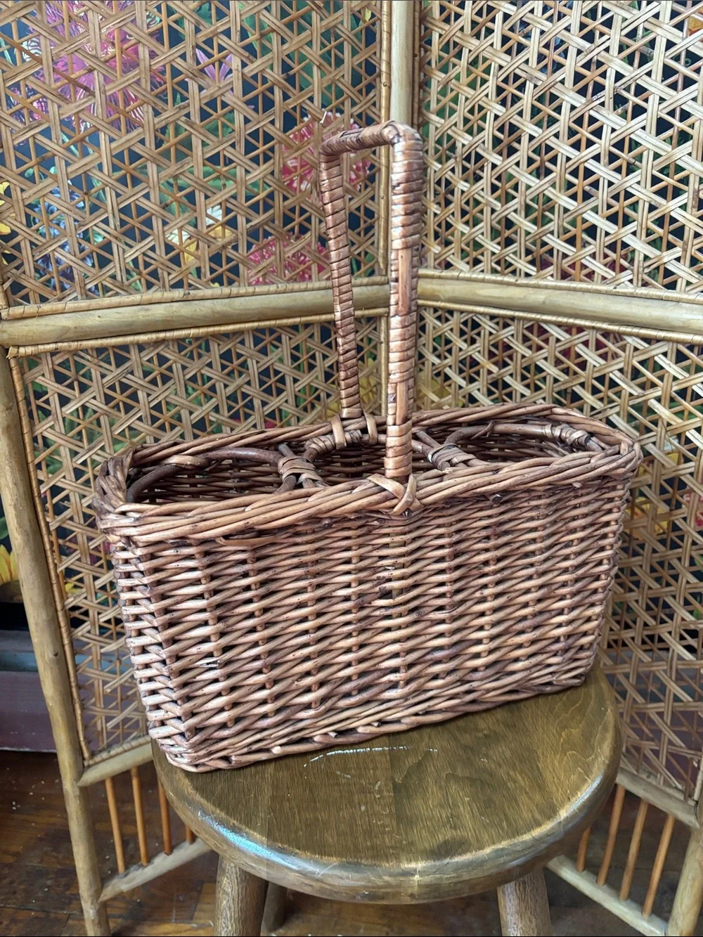 Vintage Brown Wicker Divided Basket with Handle holds 3 wine bottles